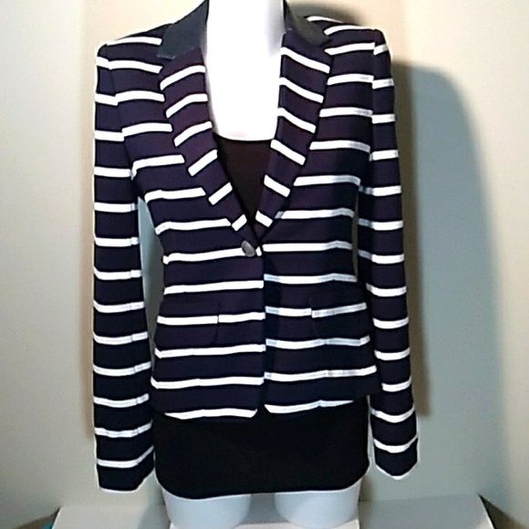 Sharp looking Navy White Blazer with Faux Leather Elbow Patchs and Collar - Picture 1 of 11